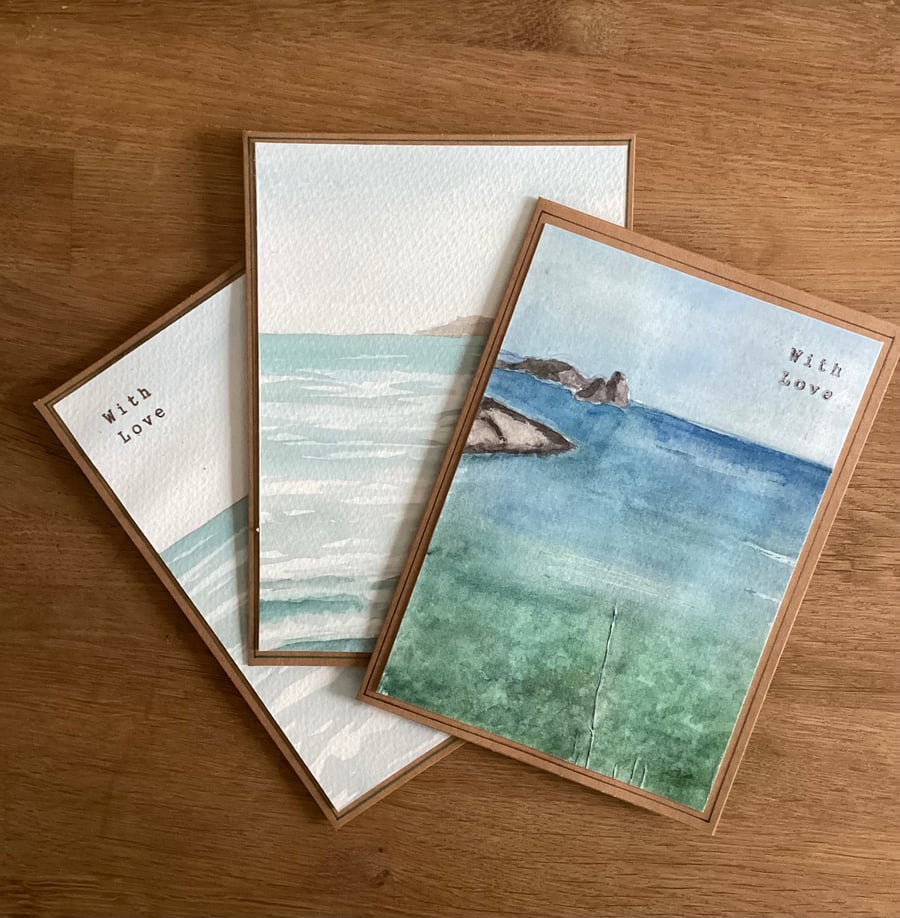 3 x hand painted seascape greetings cards 