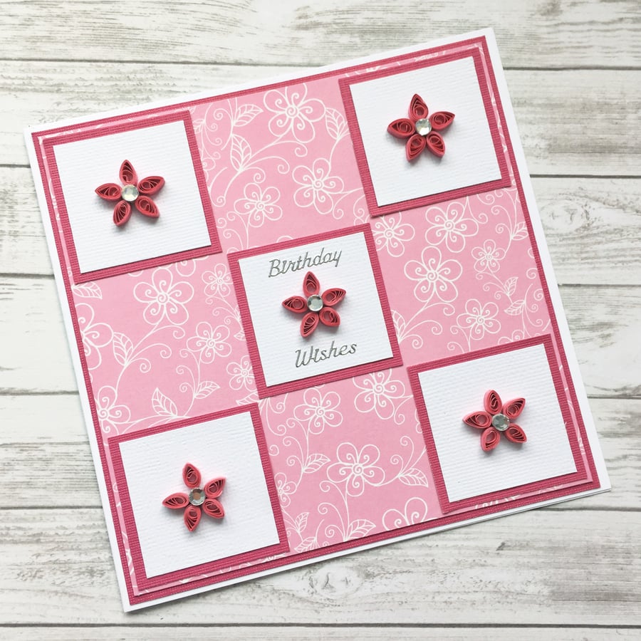 Birthday card - quilled flower patchwork quilt design