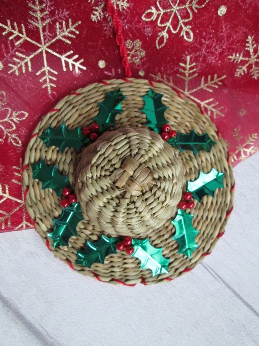 Christmas Hat Tree Decoration - Holly and Berries