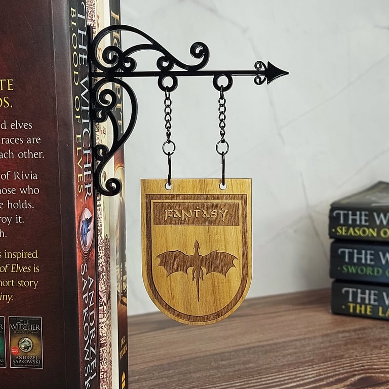 Fantasy Genre Divider Bookshelf Decor  Solid Walnut Library Sign