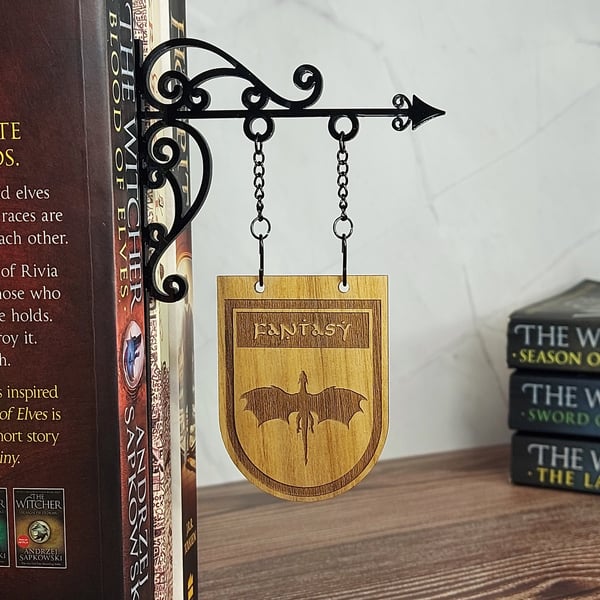 Fantasy Genre Divider Bookshelf Decor  Solid Walnut Library Sign