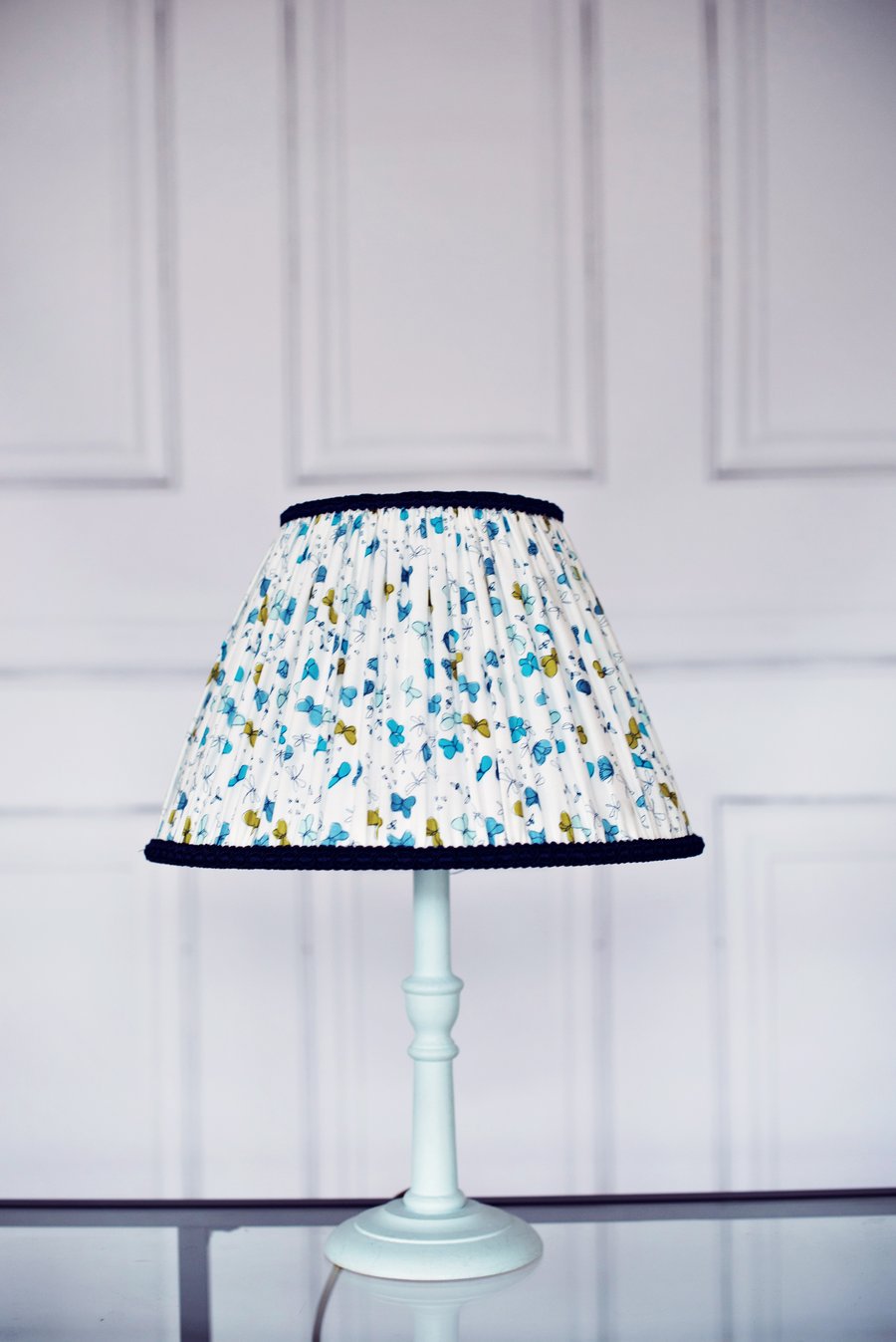Blue and White Butterfly Hand Stitched Pleated Lampshade Fully Lined White Blue 