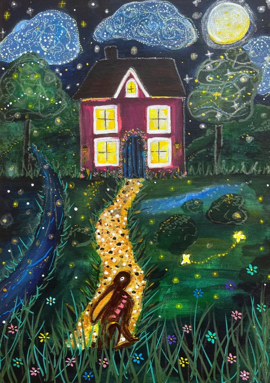 Moongazing Hare Original Mixed Media Art