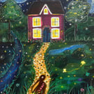Moongazing Hare Original Mixed Media Art