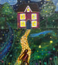 Moongazing Hare Original Mixed Media Art