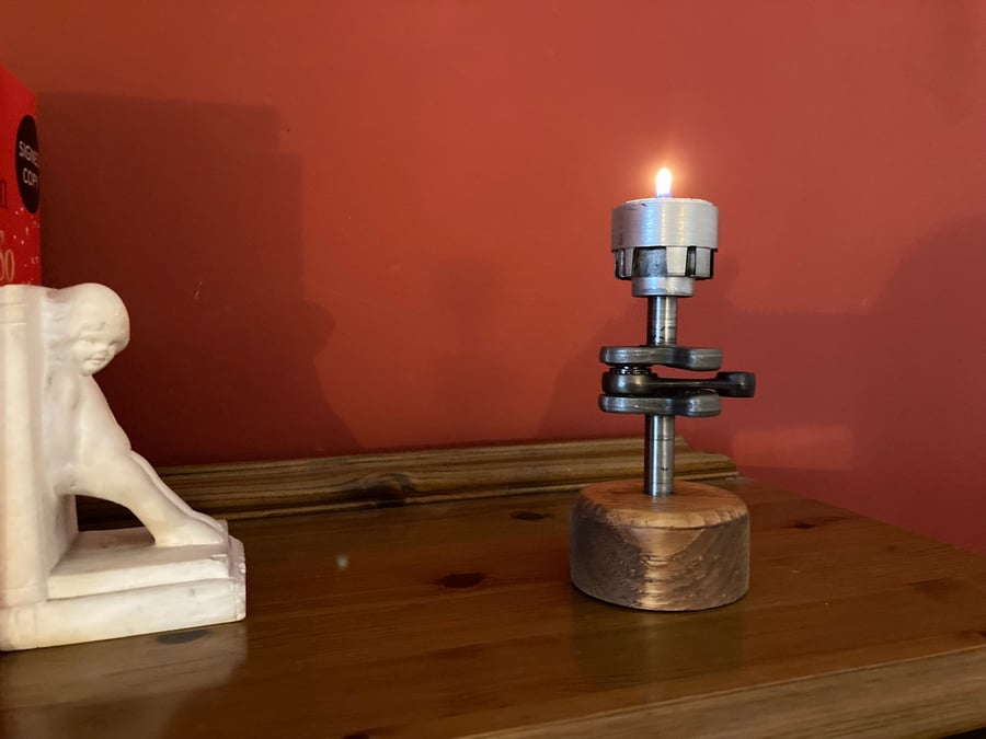 Tea Light Candle Holder, Industrial Style, made from Used Chainsaw Parts