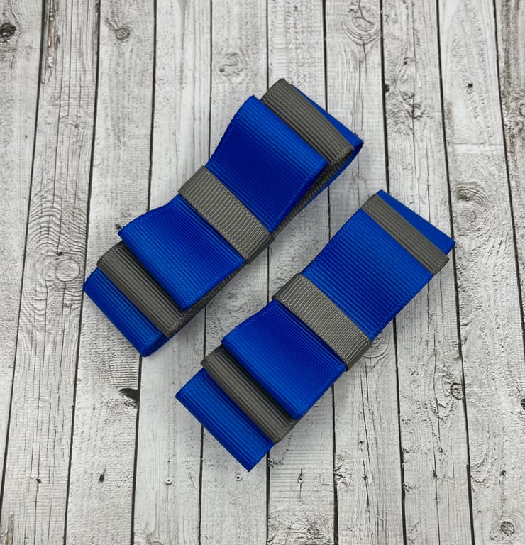 Royal Blue and Grey 3 inch Straight Bows on Clips (pair)
