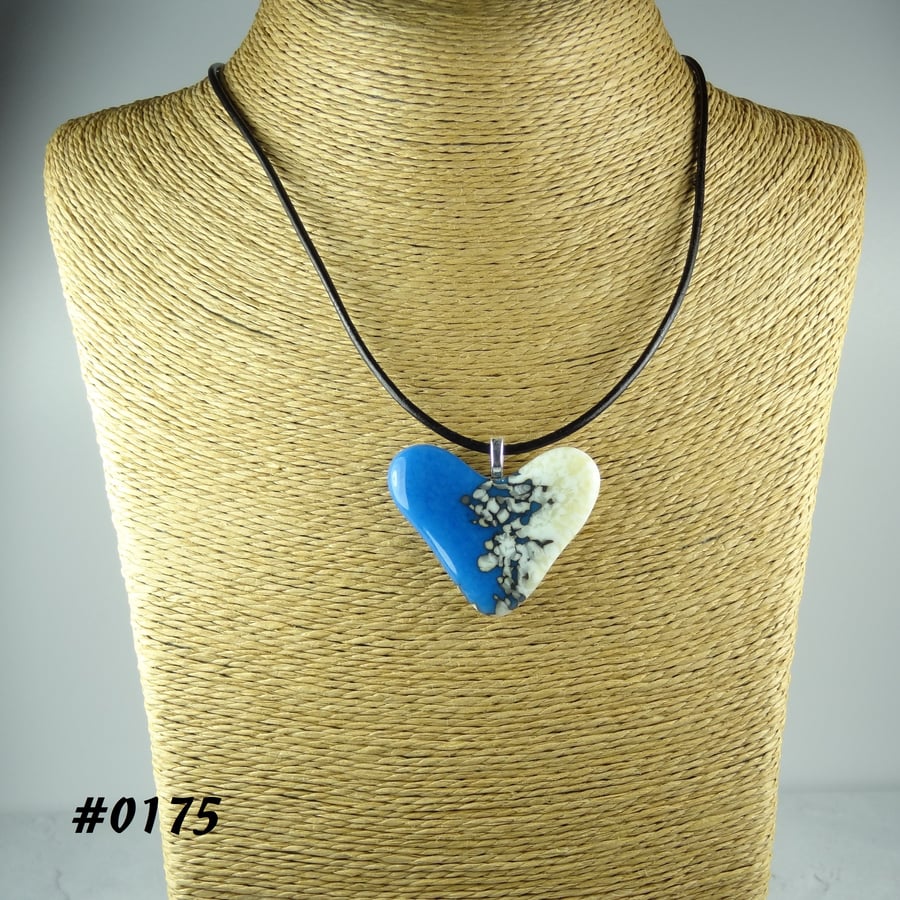 Blue cream handcrafted fused glass heart pendant on a black leather cord (0175)