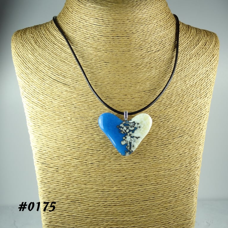 Blue cream handcrafted fused glass heart pendant on a black leather cord (0175)