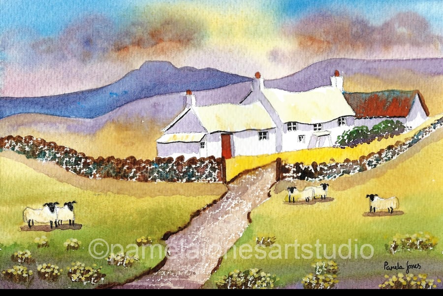 Sunset, Hillside Cottage, Pembrokeshire, Watercolour Print in 14 x 11'' Mount