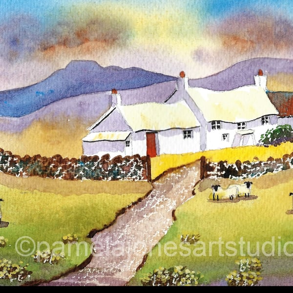 Sunset, Hillside Cottage, Pembrokeshire, Watercolour Print in 14 x 11'' Mount