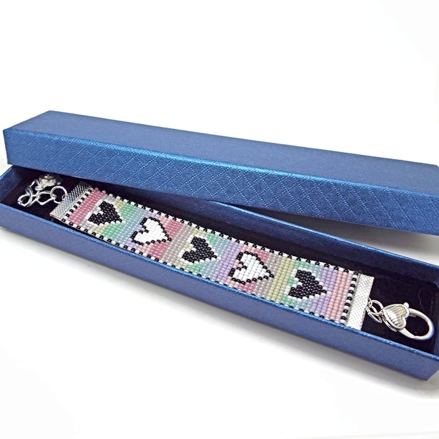 Miyuki Seed Bead Heart Bracelet Handmade with a Beading Loom with Rose Charm