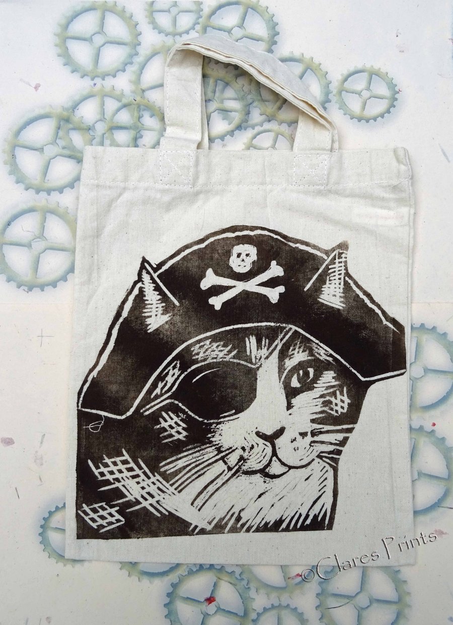 Pirate Cat Tote Hand Printed Mini Tote Shopping Bag
