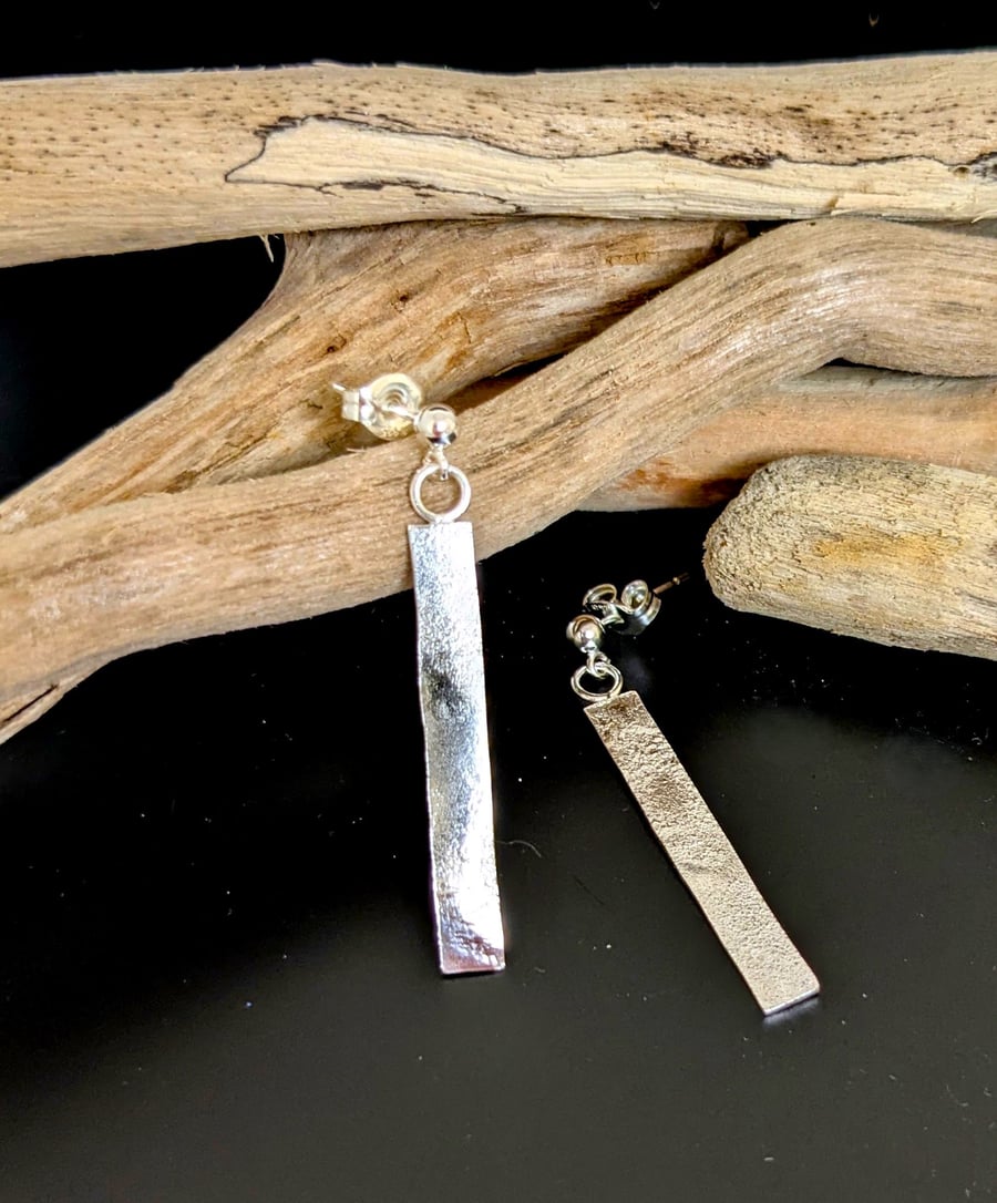 Flat Rectangle Textured Sterling Silver Drop Earrings