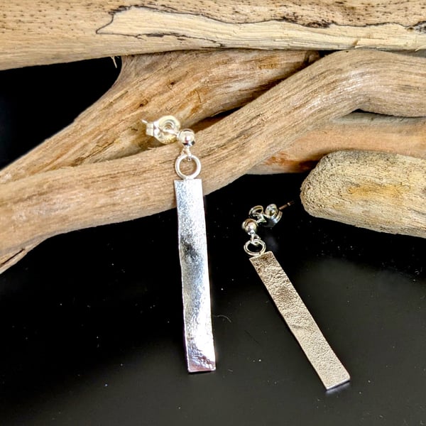 Flat Rectangle Textured Sterling Silver Drop Earrings