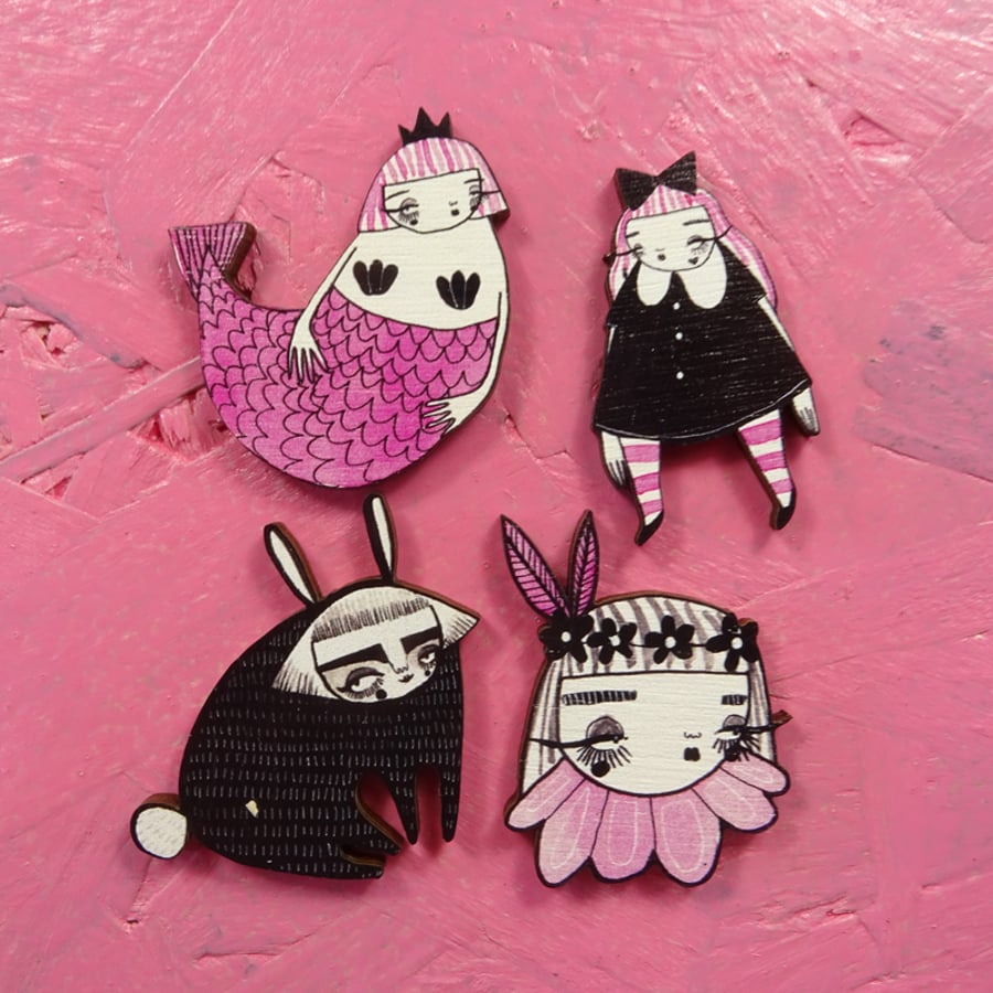 Wood Brooches- Pink and black