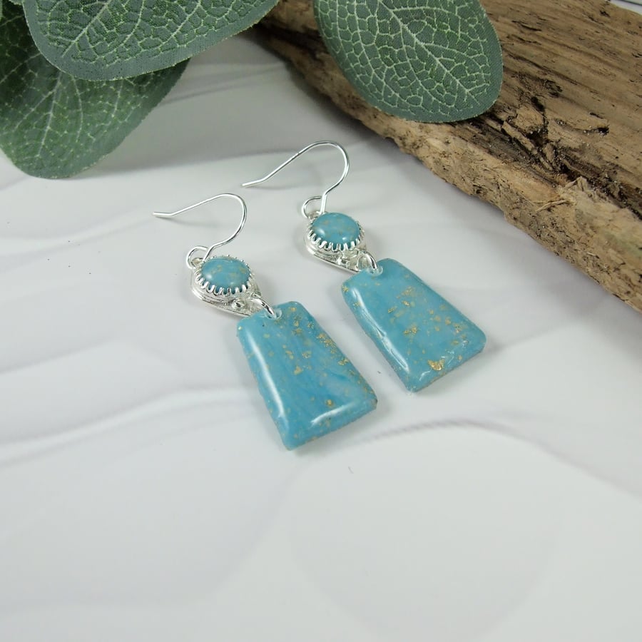Earrings, Sterling Silver and Turquoise Polymer Clay with Gold Flecks 