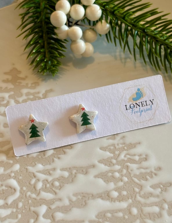 Star Xmas Tree Stud Earrings - Polymer Clay Handmade Jewellery 