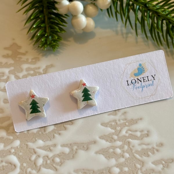 Star Xmas Tree Stud Earrings - Polymer Clay Handmade Jewellery 