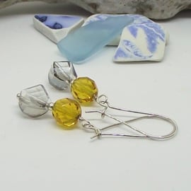 Crystal earrings grey and topaz glass sterling silver vintage