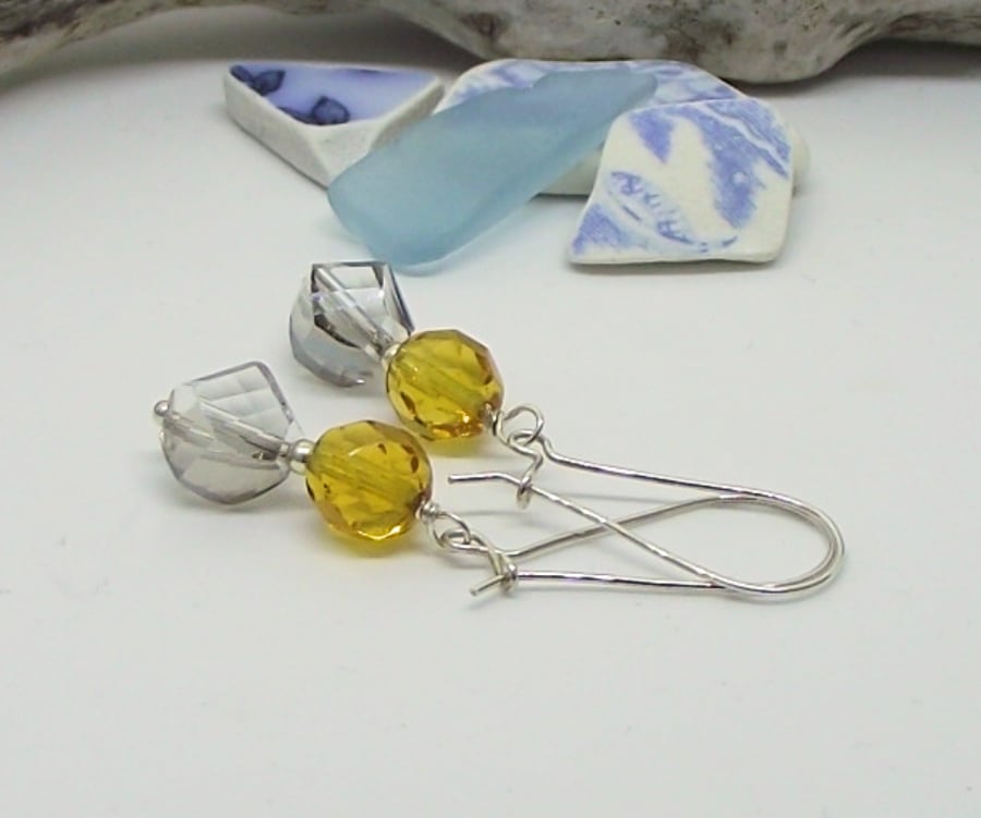 Crystal earrings grey and topaz glass sterling silver vintage