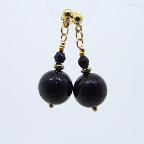 Black Agate gold stud earrings gemstone classic formal 