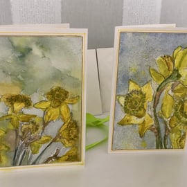 Two, hand painted daffodil, ribbon tied, greetings card