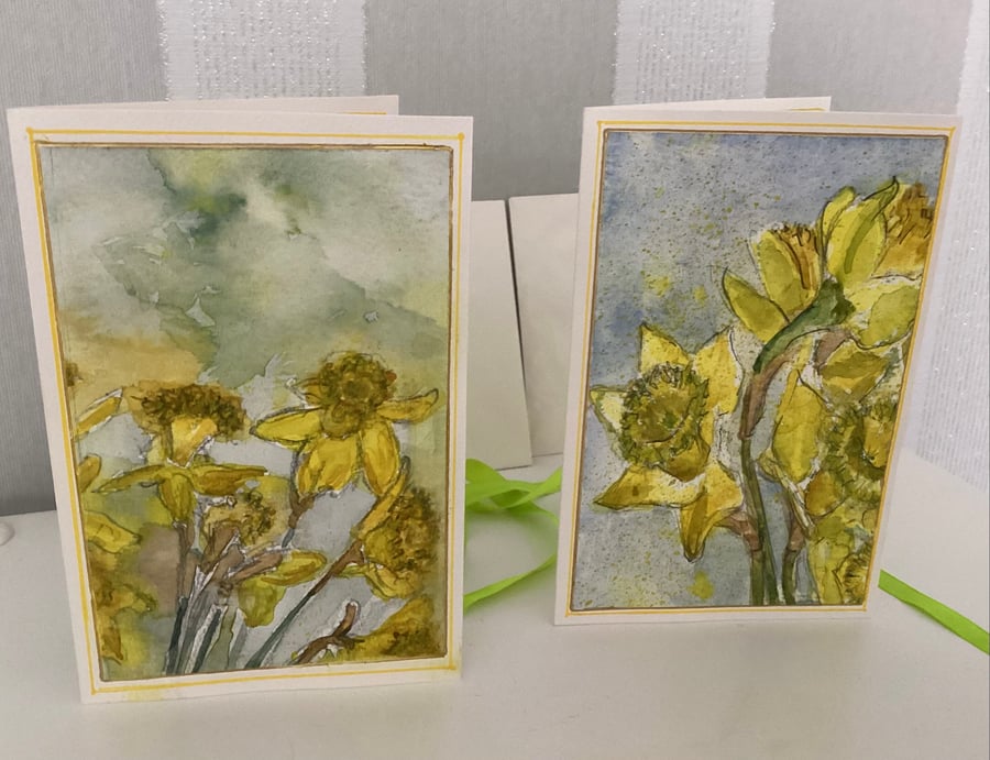 Two, hand painted daffodil, ribbon tied, greetings card