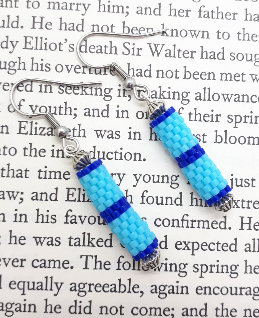 Peyote Striped Beadwoven Dangly Tube Earrings, Surgical Steel Earwires