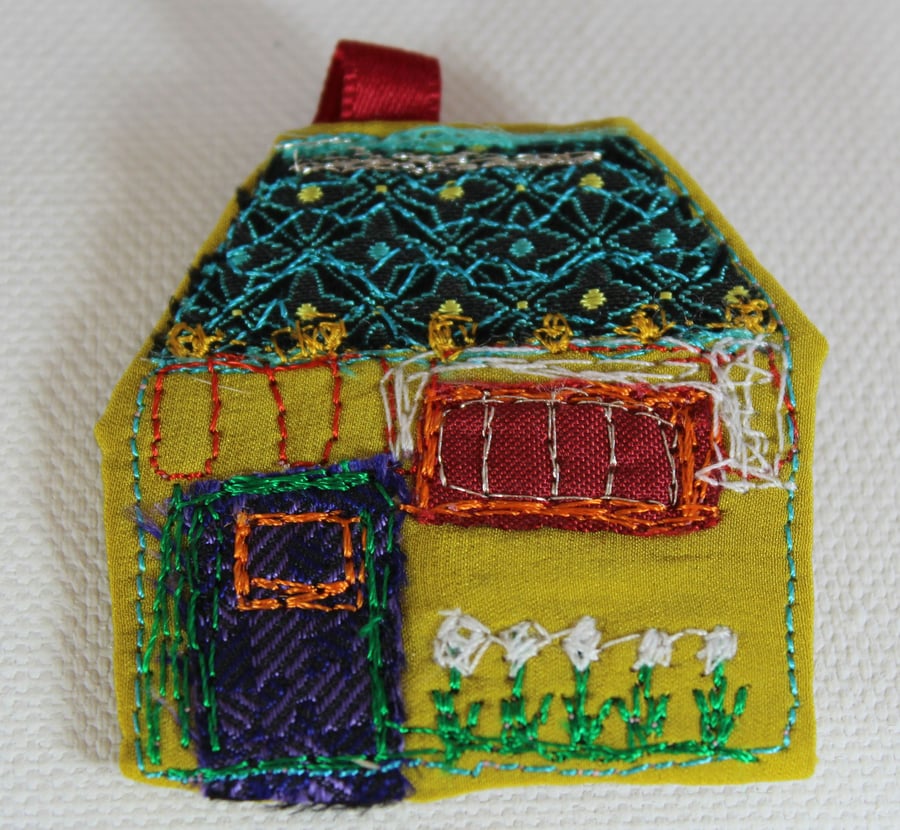 Yellow House Textile Art Brooch