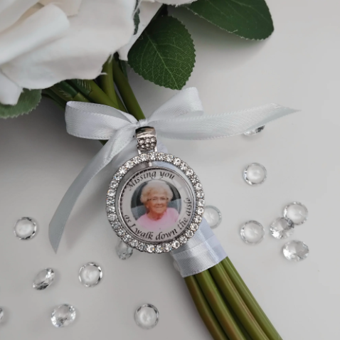 PERSONALISED RHINESTONE BRIDAL DOUBLE SIDED BOUQUET CHARM, DIAMANTE BRIDAL PHOTO