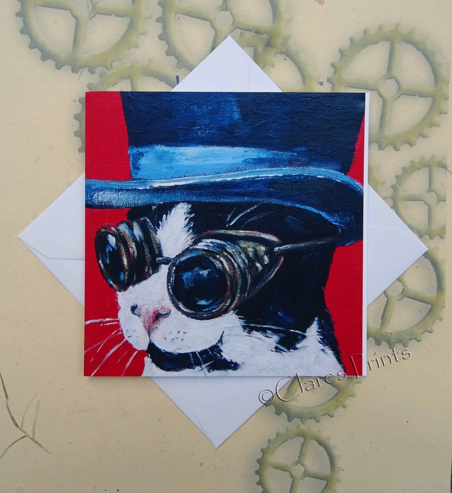 Steampunk Cat Art Greeting Card From my Original Painting