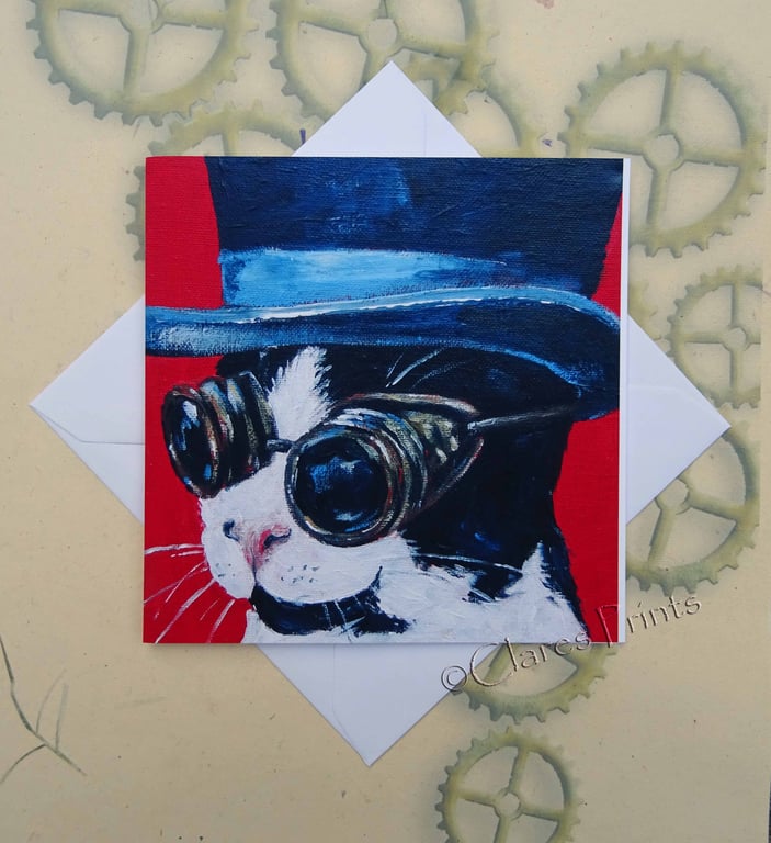 Steampunk Cat Art Greeting Card From my Original Painting