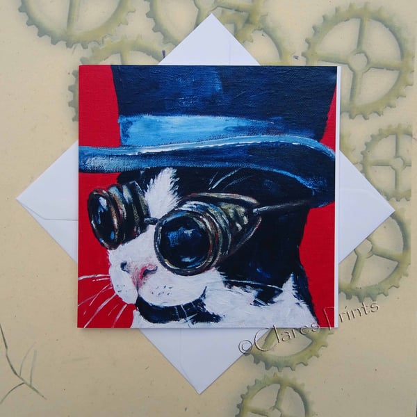 Steampunk Cat Art Greeting Card From my Original Painting