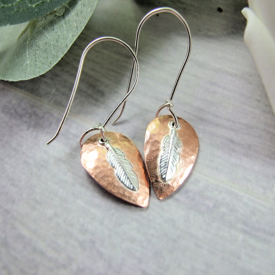 Earrings, Sterling Silver and Copper Feather Droppers