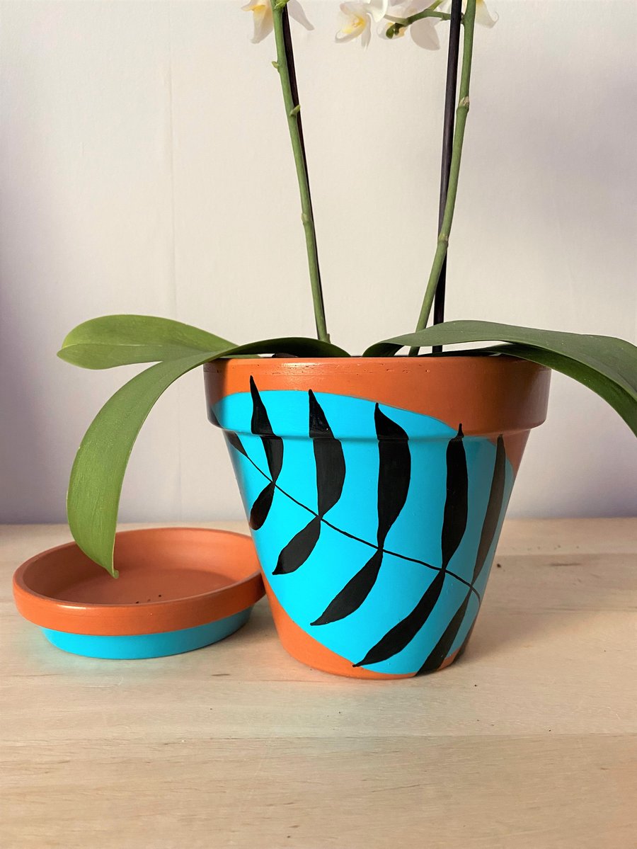 Floral Abstract Terracotta Indoor Plant Pot, Teal