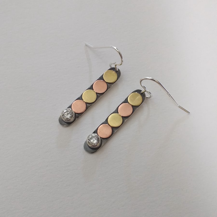 Pebbles Disco Earrings, Silver, Copper & Brass, Cubic Zirconia