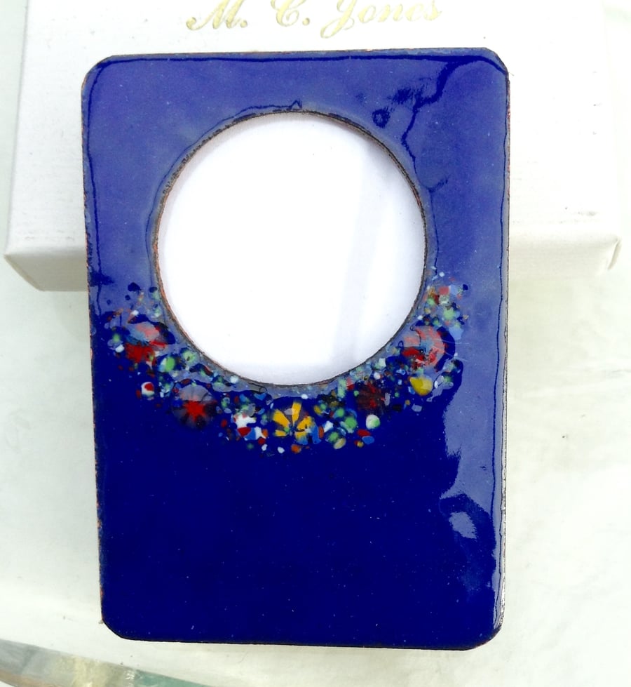 Enamelled photo frame in copper with molten glass flowers - Green