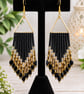 Black & Gold Statement Beaded fringe geometric earrings, elegant gift for her,  - Image 2