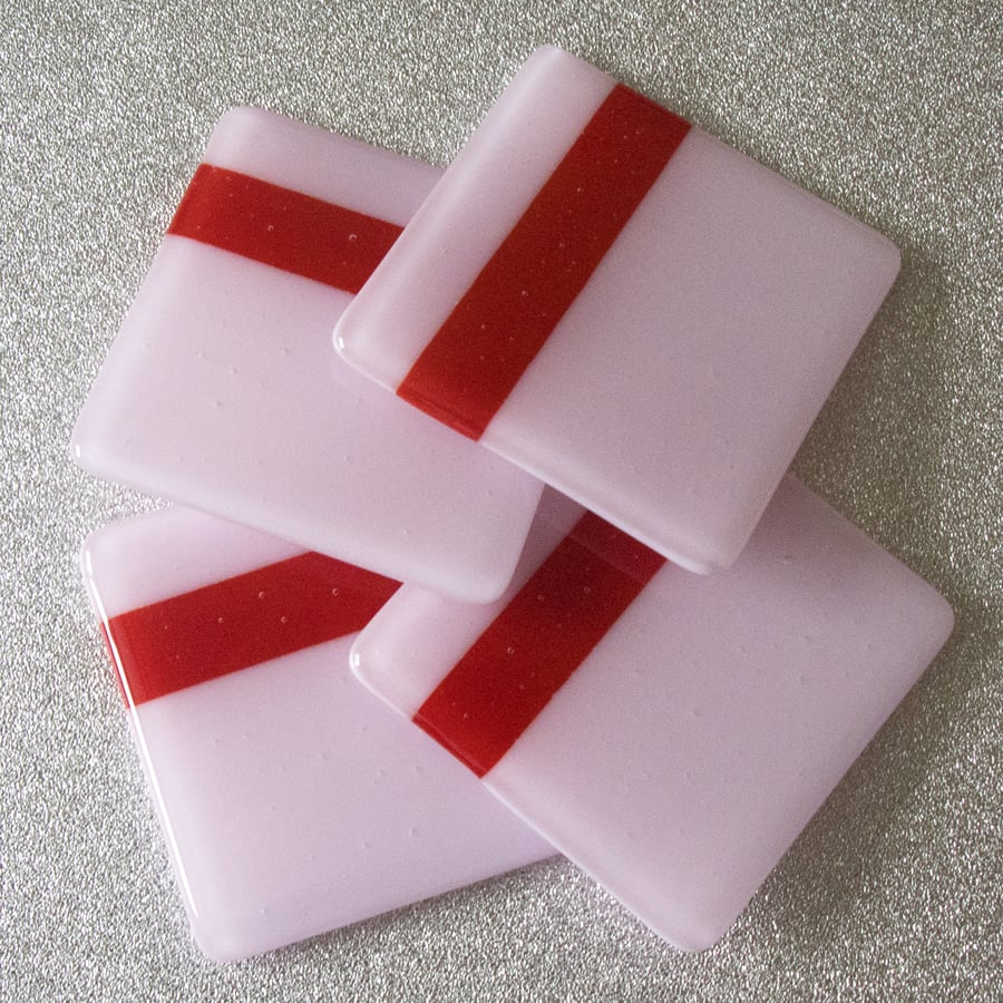 Set of 4 Pink and Red Fused Glass Coasters - 9118