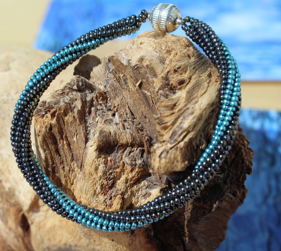 Grey and teal seed beaded bracelet with magnetic clasp