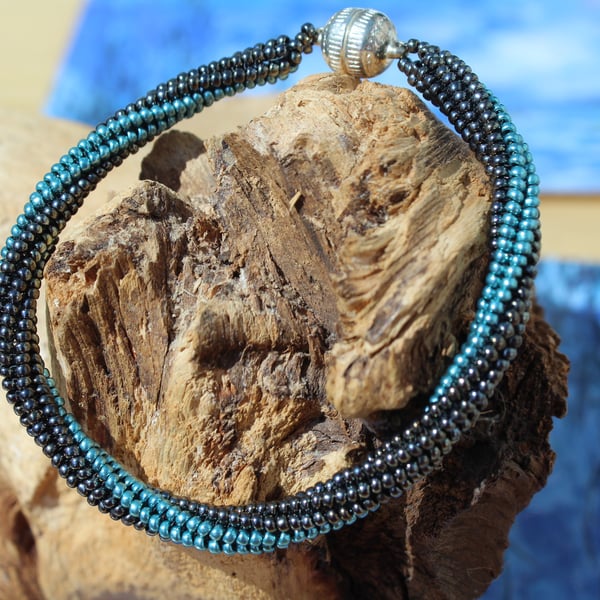Grey and teal seed beaded bracelet with magnetic clasp