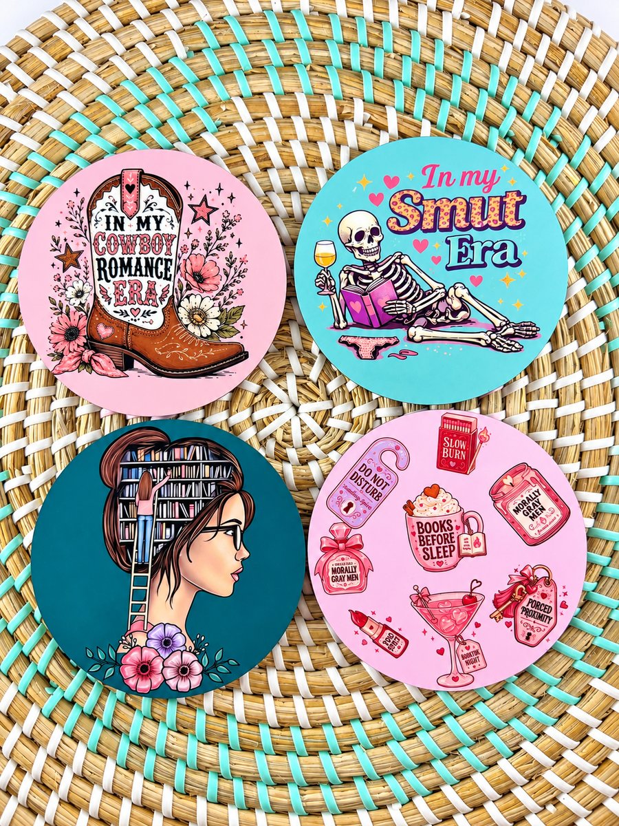 Quirky Coaster Set – Book Lover, Cowboy Romance, Smut Era & Literary-Themed 
