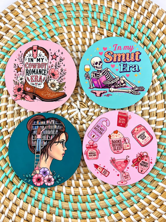 Quirky Coaster Set – Book Lover, Cowboy Romance, Smut Era & Literary-Themed 