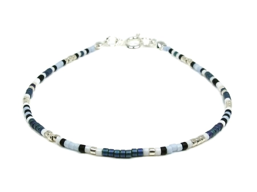 Peacock Blue, Silver & White Seed Bead Anklet - 9" - 14"