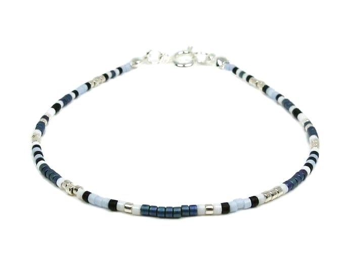 Peacock Blue, Silver & White Seed Bead Anklet - 9" - 14"