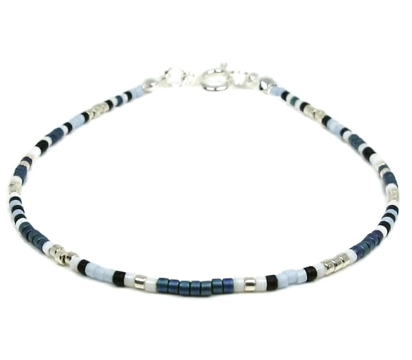 Peacock Blue, Silver & White Seed Bead Anklet - 9" - 14"