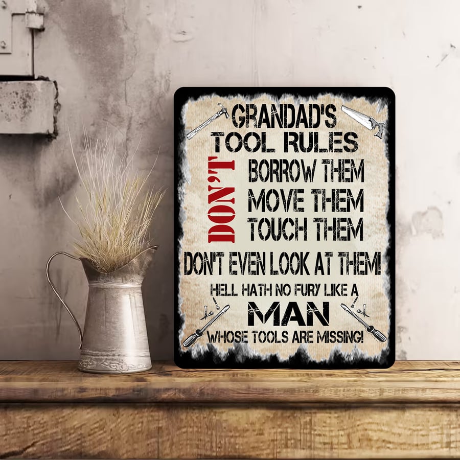 PERSONALISED Funny Man Tool Rules Garden Metal Wall Sign Gift Dad Present