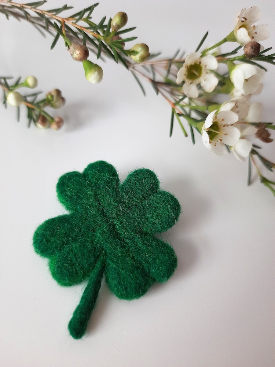 Seconds Sunday- Needle Felted Merino Wool Four Leaf Clover Brooch