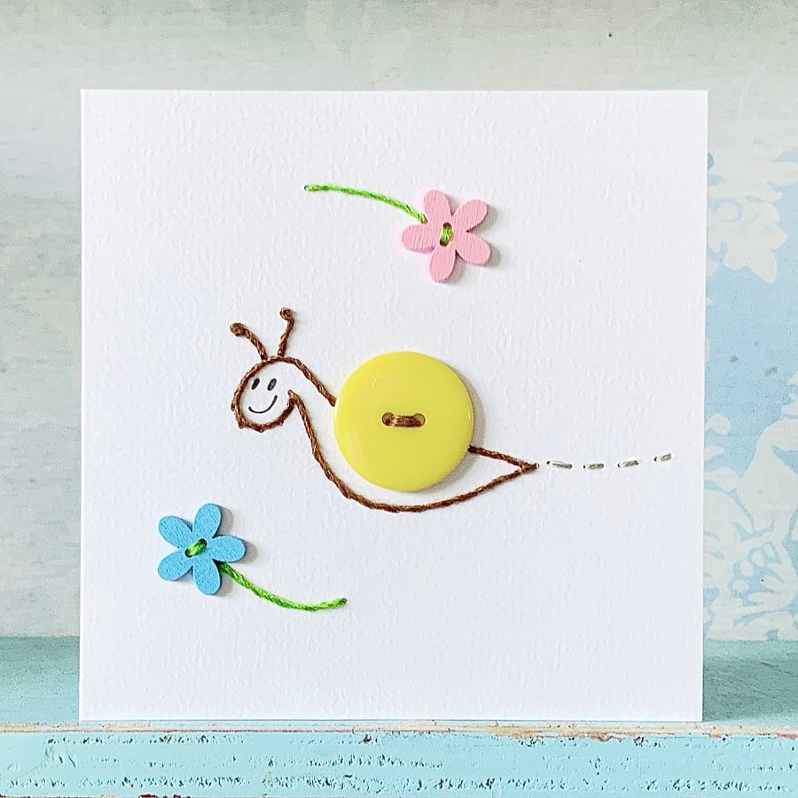 Hand Sewn Card. Snail Card. Embroidered Card. Hand Stitched Card. Greetings Card